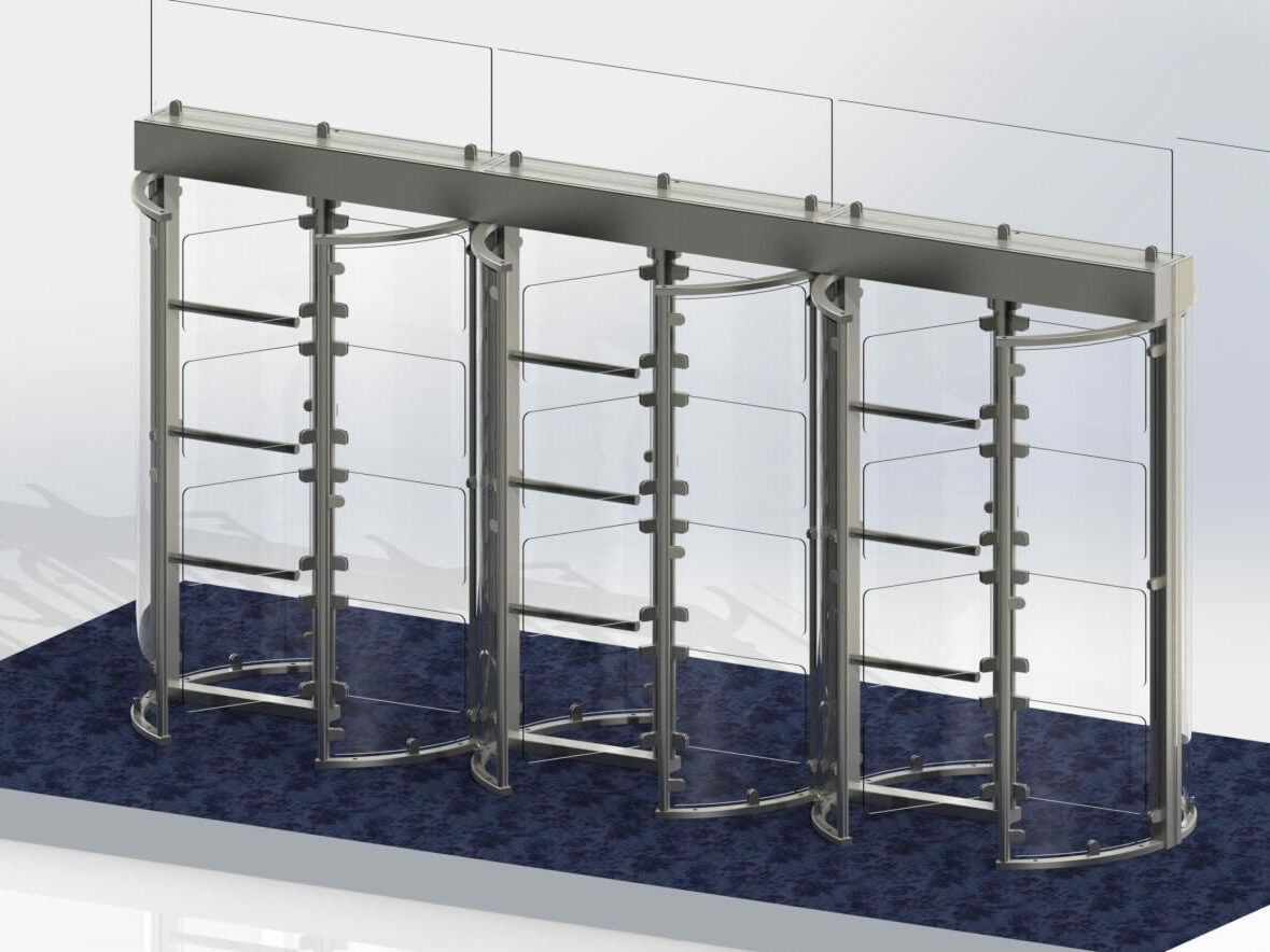 Rendering of full height glass turnstiles